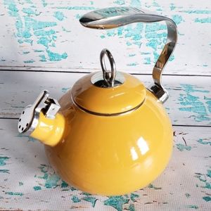 Yellow enamel whistle tea kettle by Tivoli 3 quart
